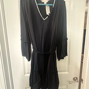 Black Pom-Pom Trim, Ruffled Midi Dress. New with Tags!